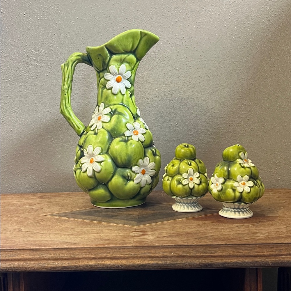Vintage Inarco 1960’s Green Floral Ceramic Pitcher and apple Set